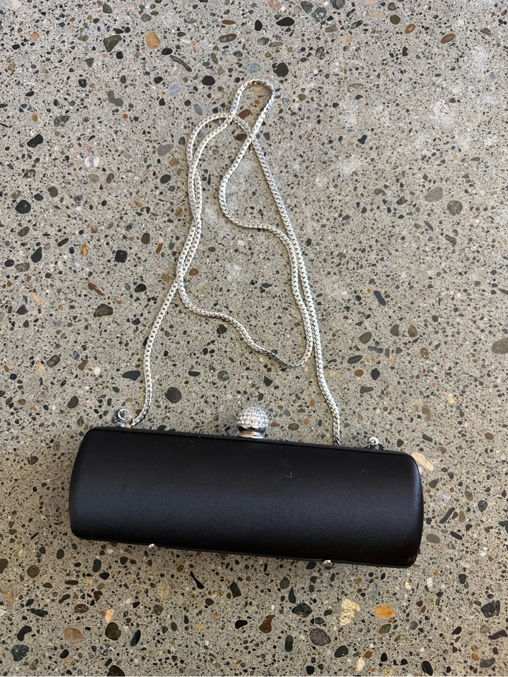 Nordstrom Black Satin Cylinder Clutch with Silver Chain